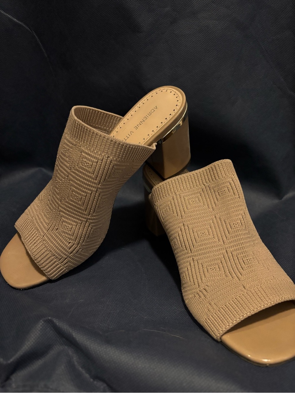 Adrienne Vittadini Tan Knit Open-Toe Block Heel Mules